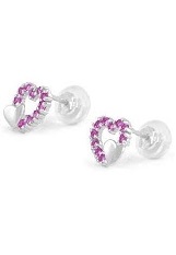 tiny gorgeous white gold double hearts July birthstone baby earrings